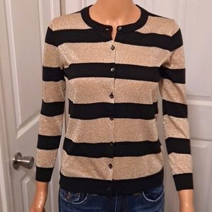 Ann Taylor Button-Down Cardigan Black and Gold Metallic Lightweight Sweater